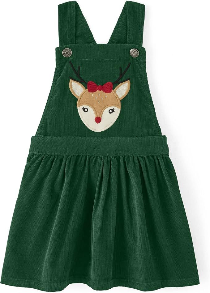 Green corduroy pinafore dress with adorable reindeer applique detail for baby girls features button closures and gathered skirt.