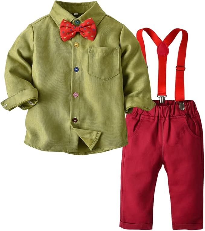 Baby boy holiday outfit with olive green dress shirt, red bow tie, red suspenders and matching pants.