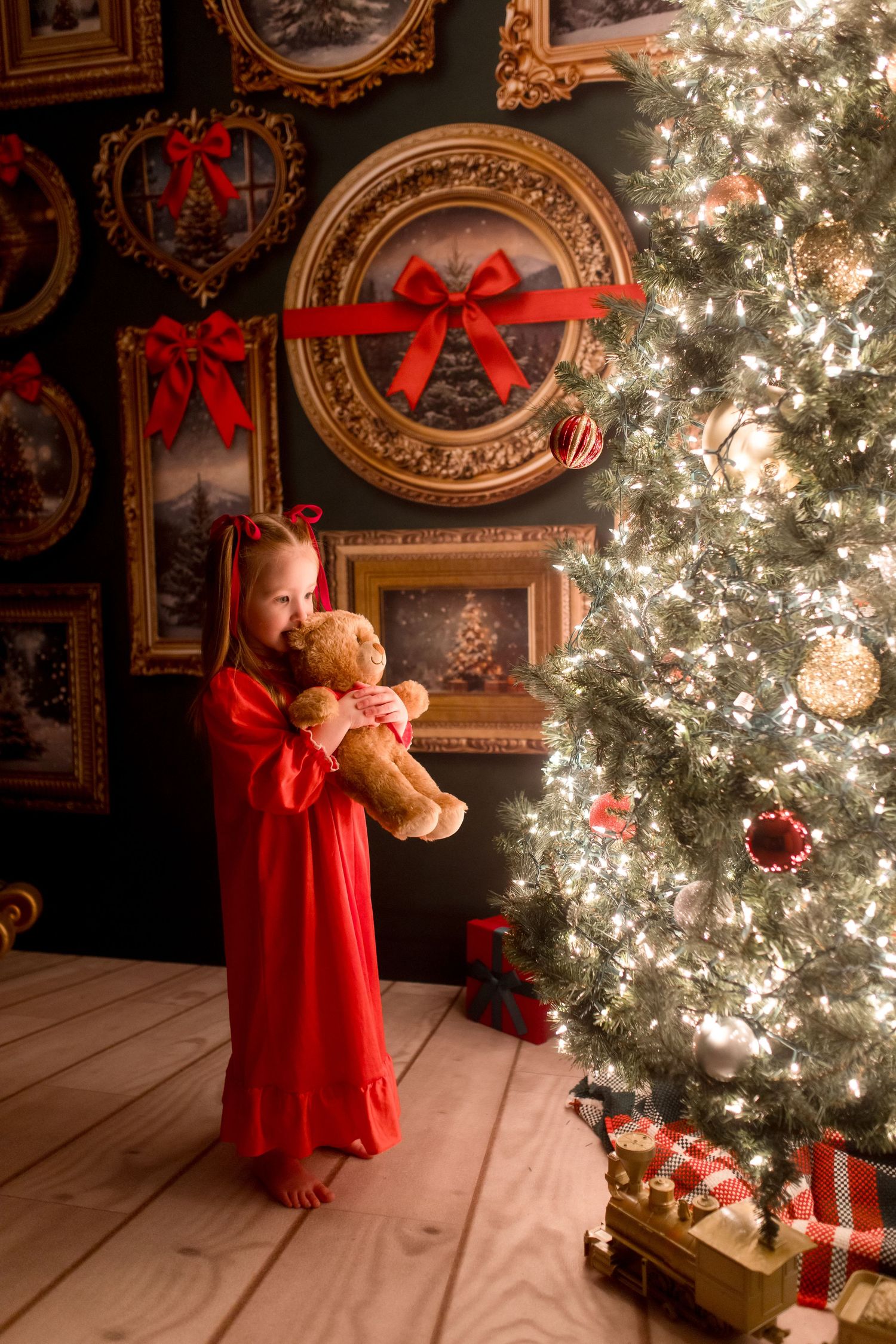 A series of festive holiday photos with a decorated Christmas tree, red bows, and glowing lights in an elegant room.