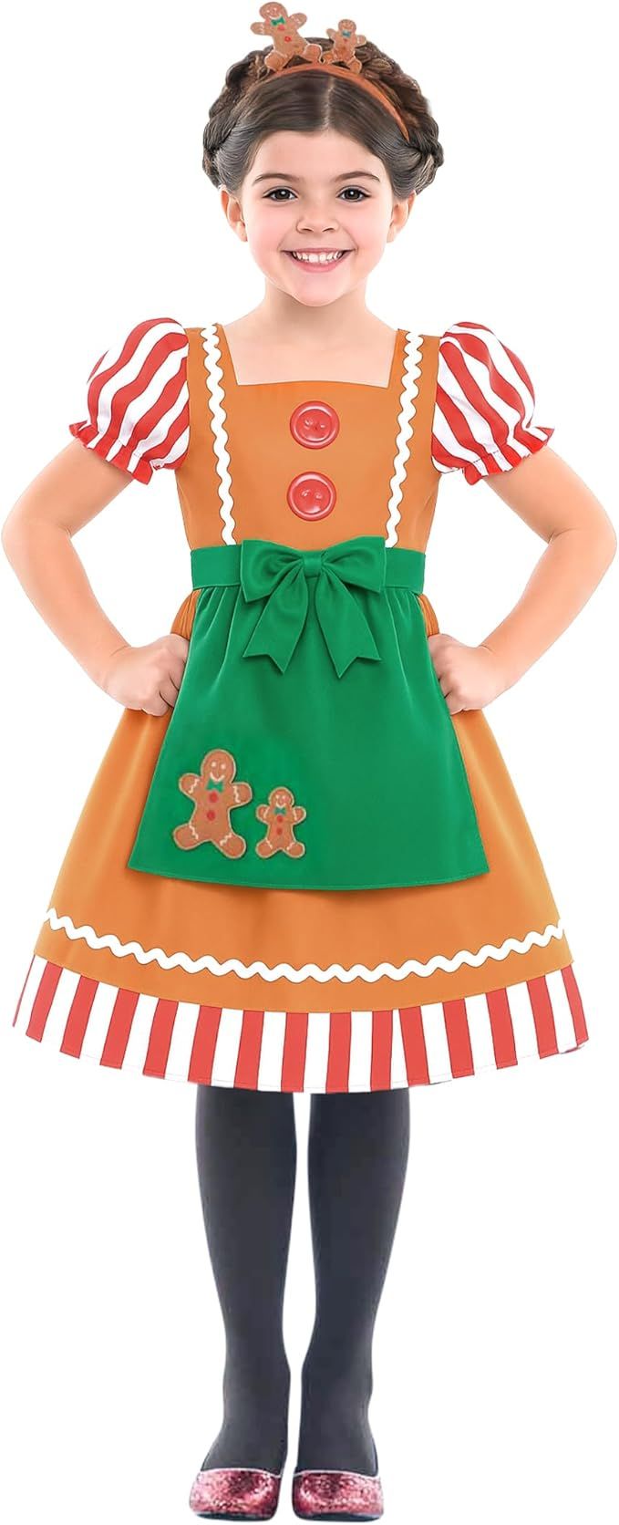 Festive gingerbread-themed holiday dress costume with red and white stripes, green apron, and gingerbread decorations.