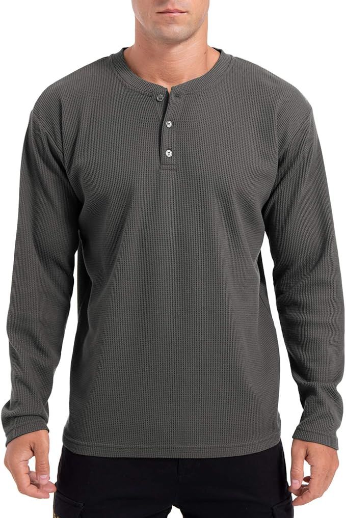 Gray thermal henley long sleeve shirt with three buttons shown on torso against white background.