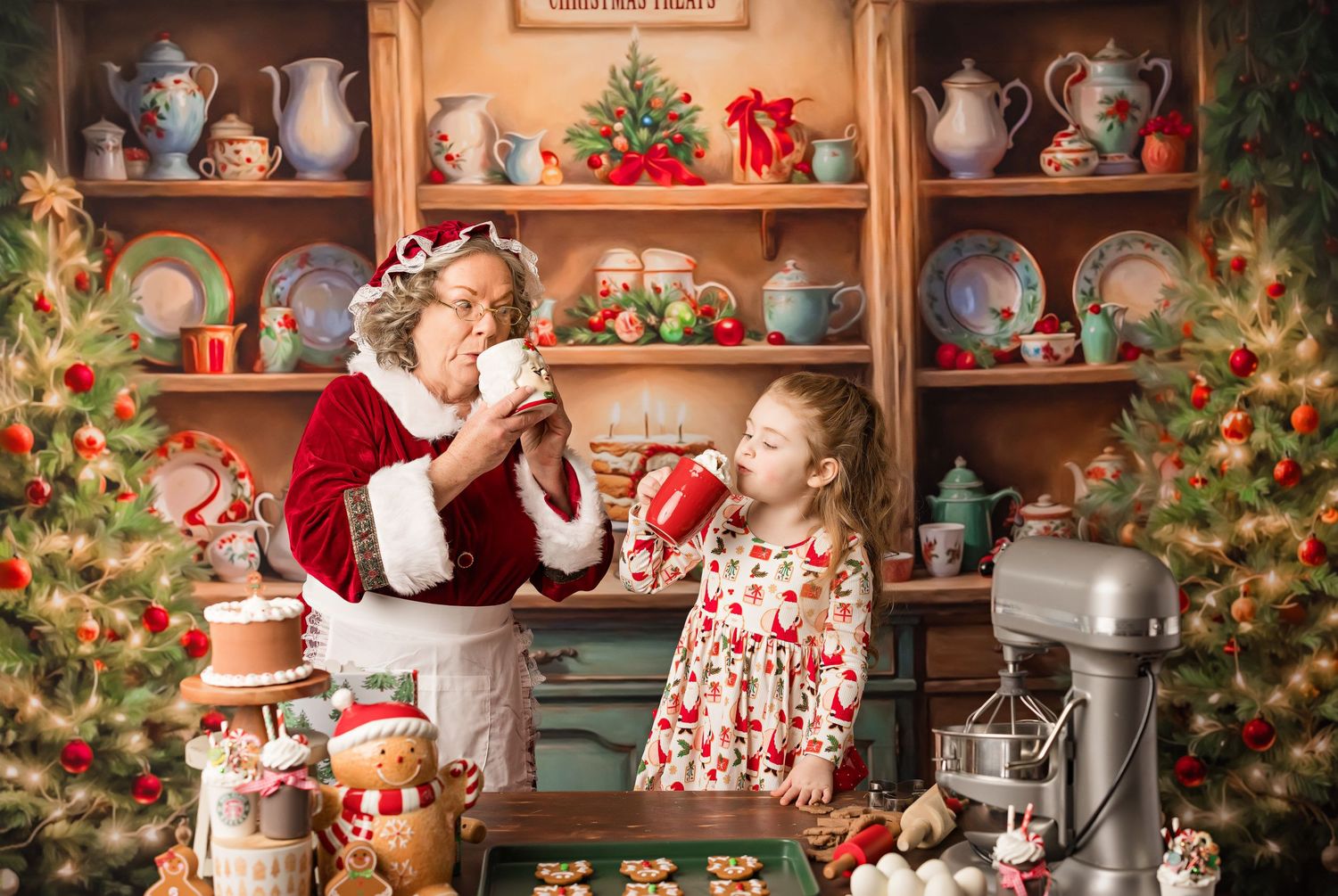 A festive Christmas scene in a vintage kitchen with decorated shelves and holiday treats.