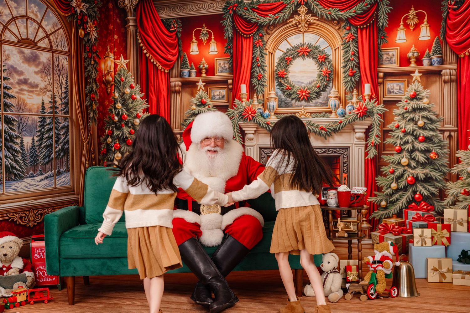 Festive Christmas photo studio setup with ornate decorations, red curtains, and twinkling lights creating a magical holiday scene.