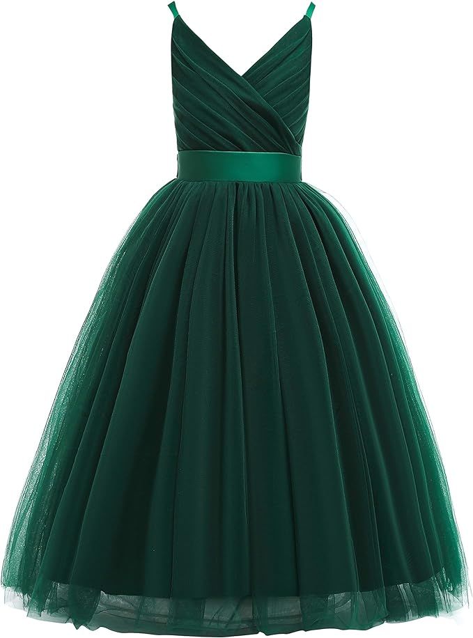 Elegant emerald green tulle cocktail dress with v-neckline and pleated bodice shown from multiple angles.