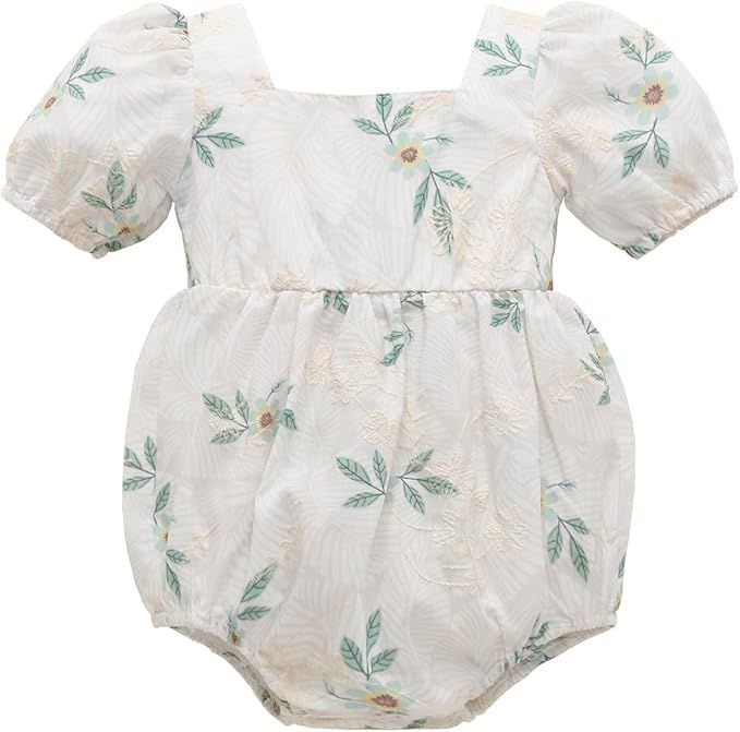 White and mint green floral print baby romper with puff sleeves and matching bloomers in vintage style.