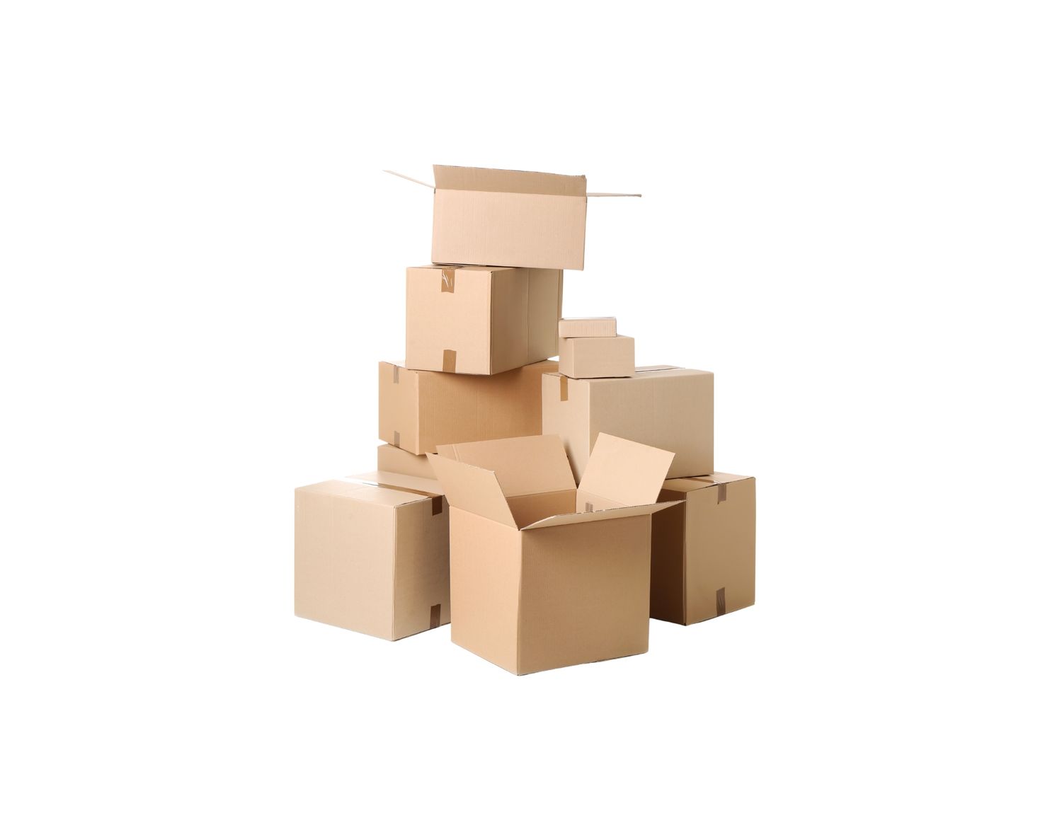 Various cardboard shipping boxes stacked in different arrangements create a progression of box formations.