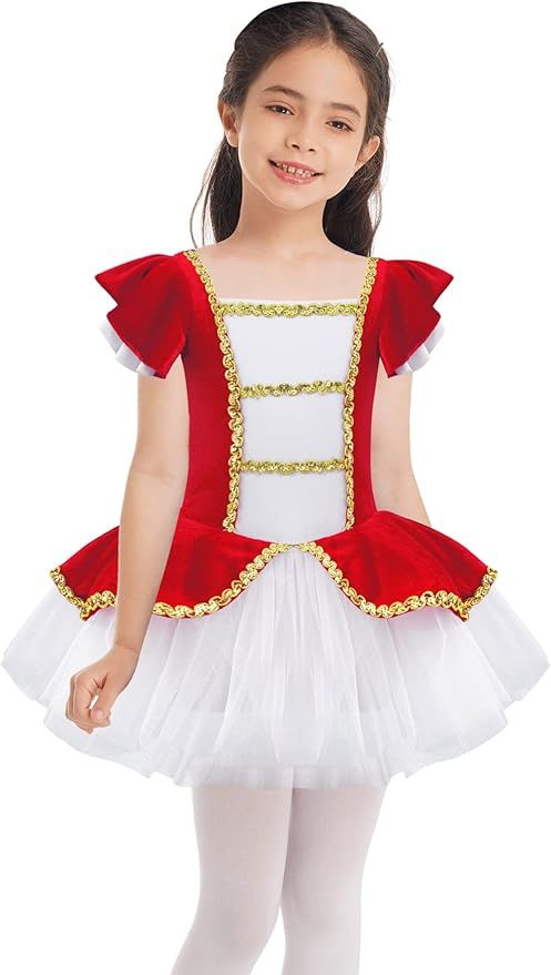 Red and white ballet tutu dress with gold trim and cap sleeves shown from multiple angles on white background.