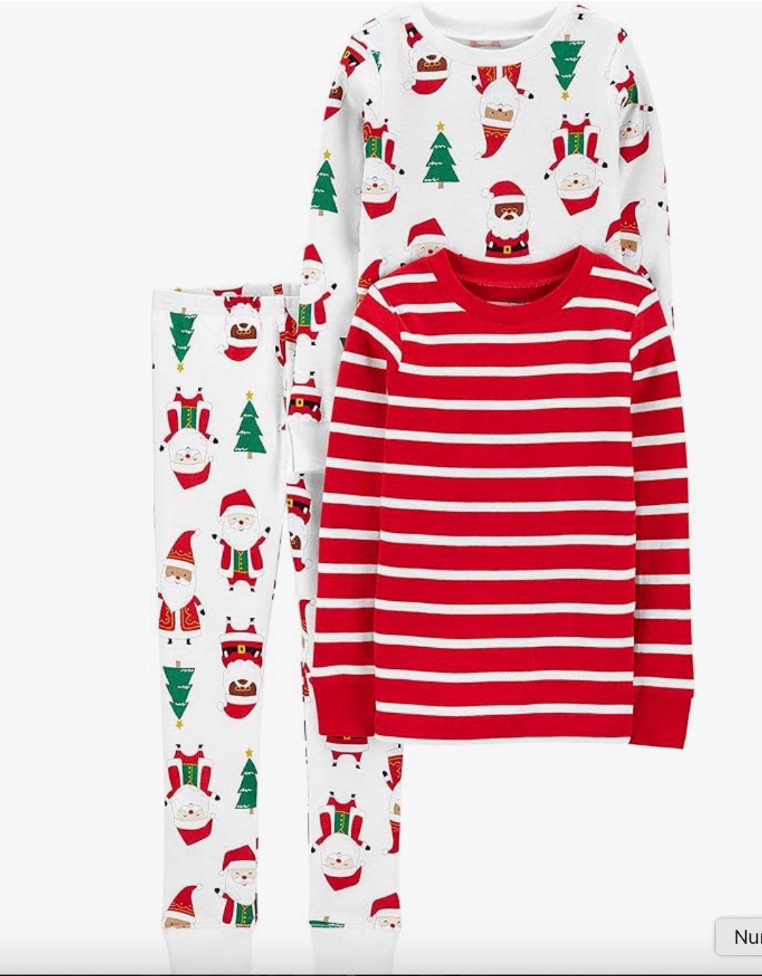 Red and white striped Christmas pajama set with festive Santa and reindeer print for children.