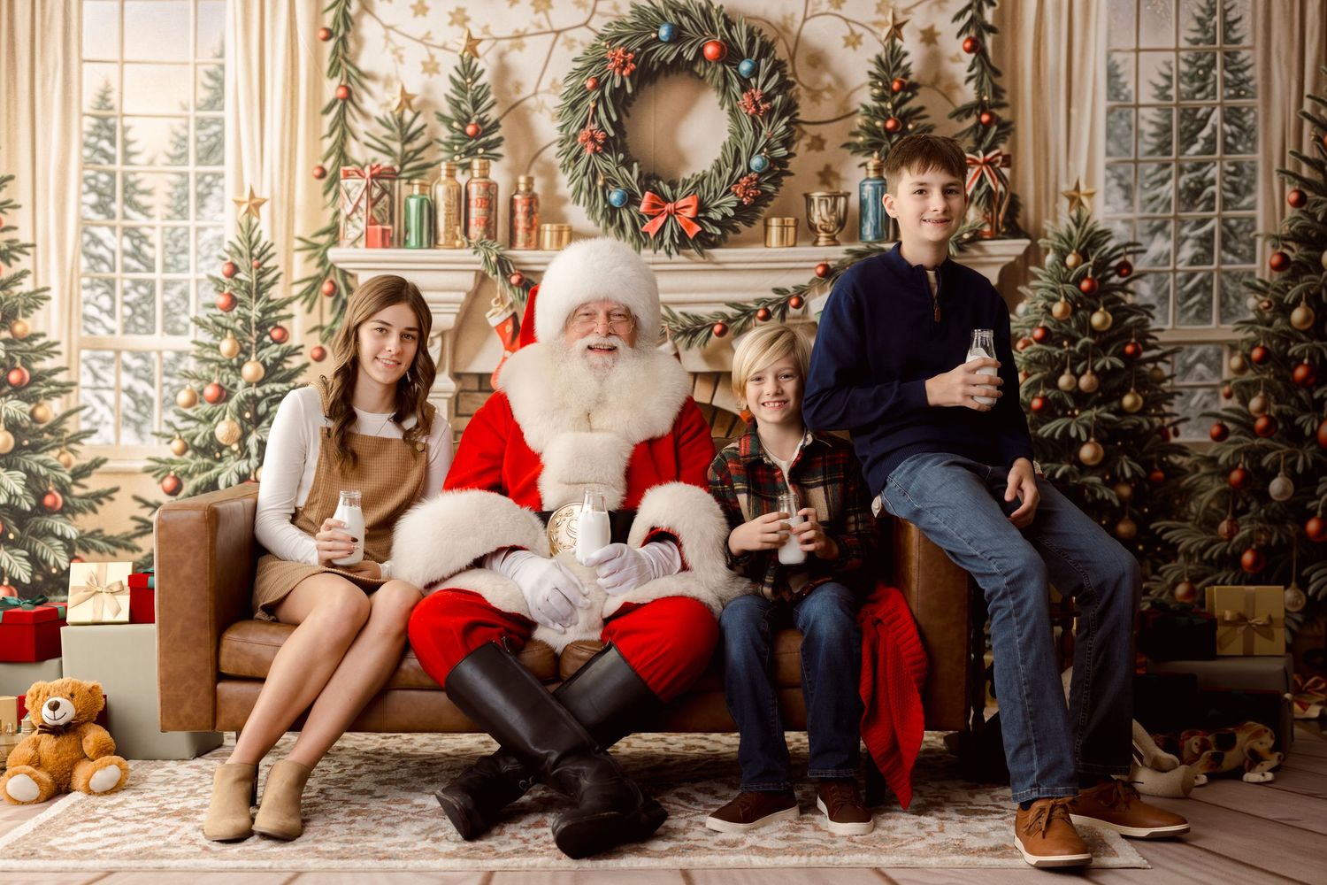 A festive Christmas scene with Santa Claus and a group sitting on a couch surrounded by decorated trees and a wreath.