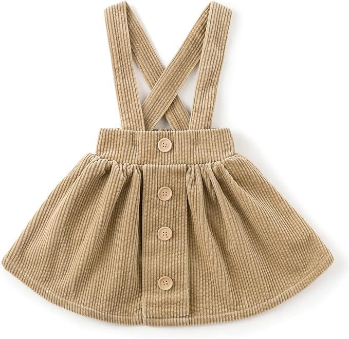 Tan corduroy skater skirt with suspender straps and decorative buttons shown from multiple angles on white background.
