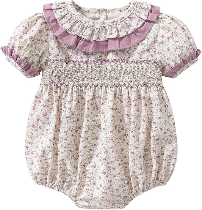 Vintage floral baby romper and dress set with pink ruffle trim and delicate lace details.