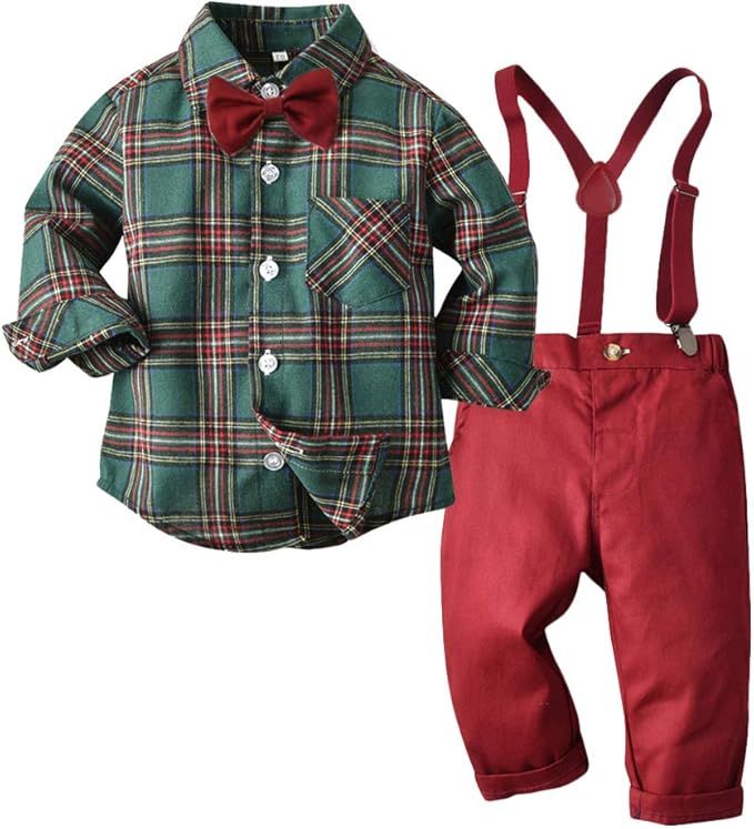 Toddler boys holiday outfit with plaid green button-down shirt, red bow tie and red suspender pants.