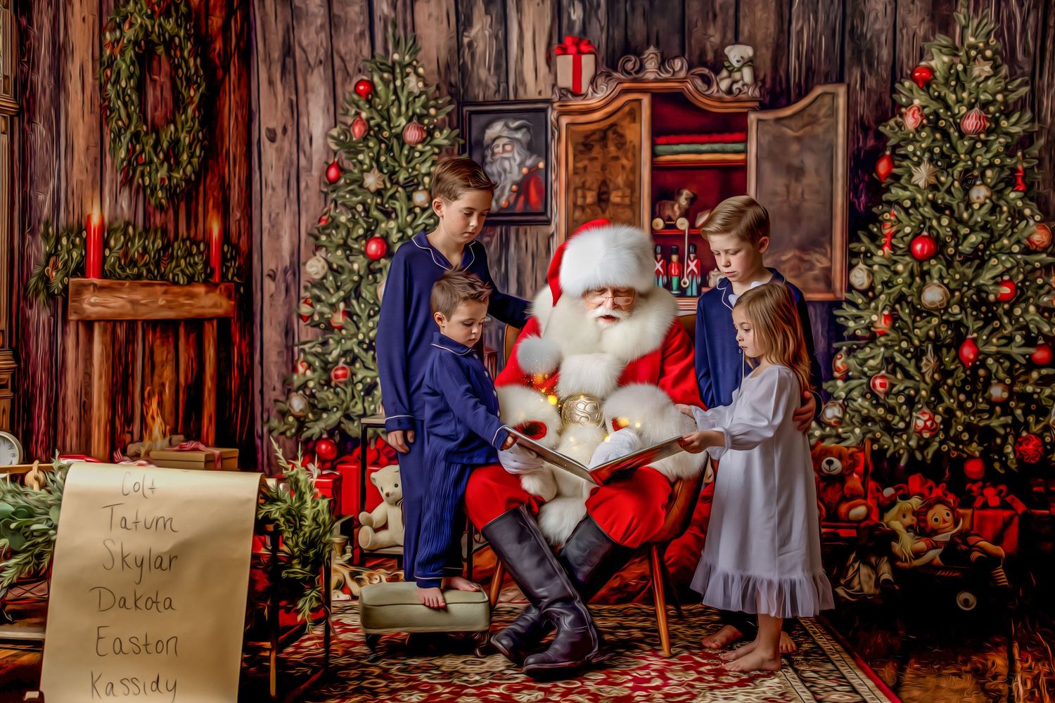 Cozy Christmas scene with decorated tree and Santa's special chair.