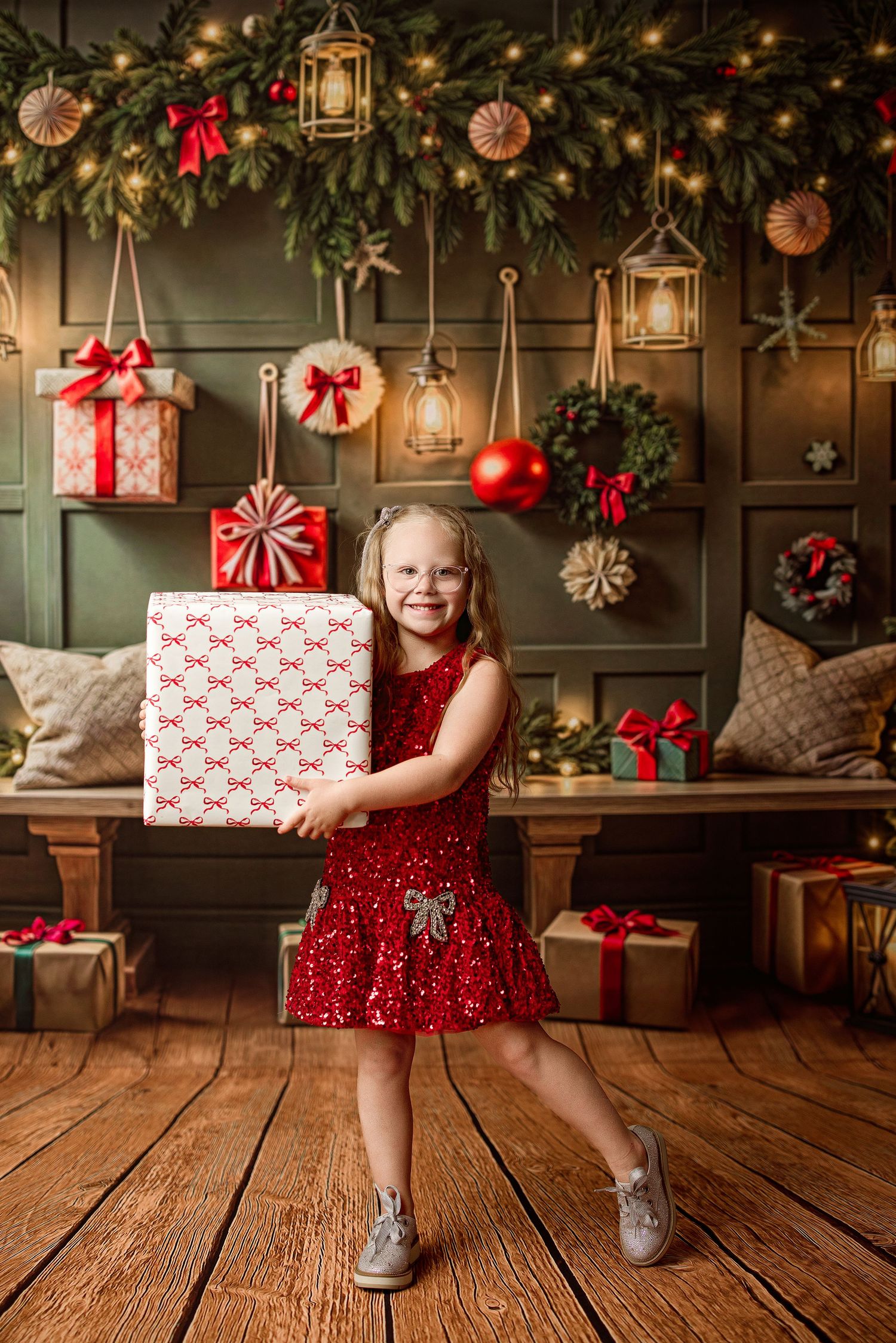 Christmas themed backdrop with wooden floor, decorated garland, lanterns and wrapped presents against dark wall.
