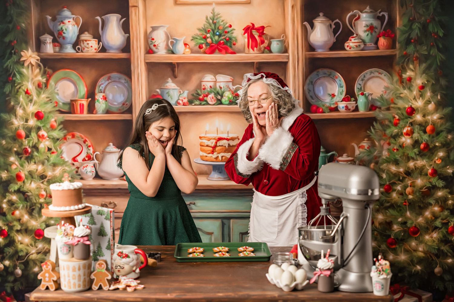 A playful moment captured in a Christmas-themed bakery setting with vintage decor.