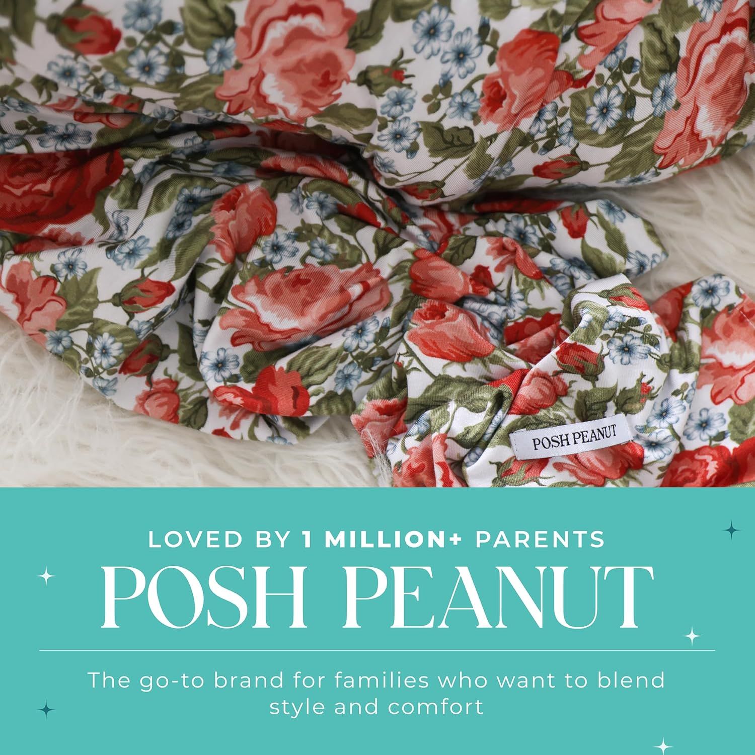 Pink floral pattern on white fabric with text overlays showing a brand name and marketing message.