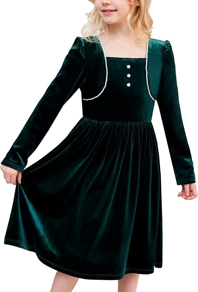 Young girl twirls in a dark green velvet dress with long sleeves and empire waist design shown in multiple angles.