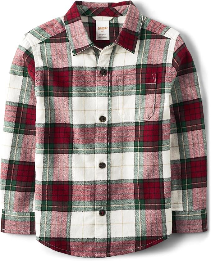 Long sleeve button-down shirt in red, green and white plaid pattern shown from multiple angles.