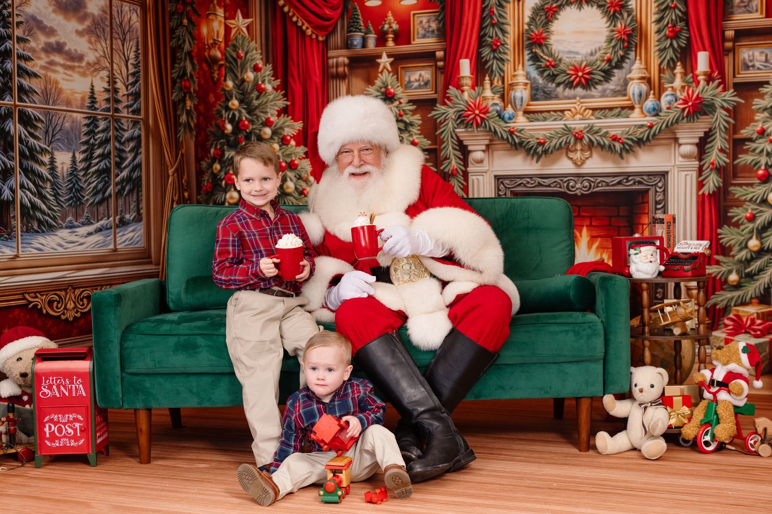 A festive holiday scene with traditional Christmas decorations including red curtains, a green chair and winter artwork.