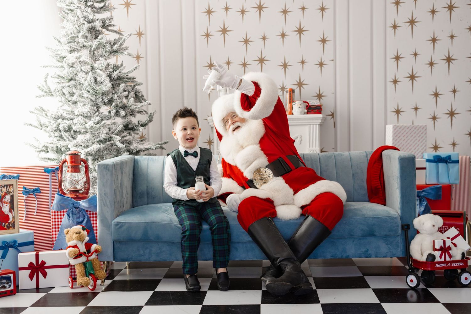 A festive holiday photo collage featuring Christmas decorations, a white tree, and red and blue wrapped presents.