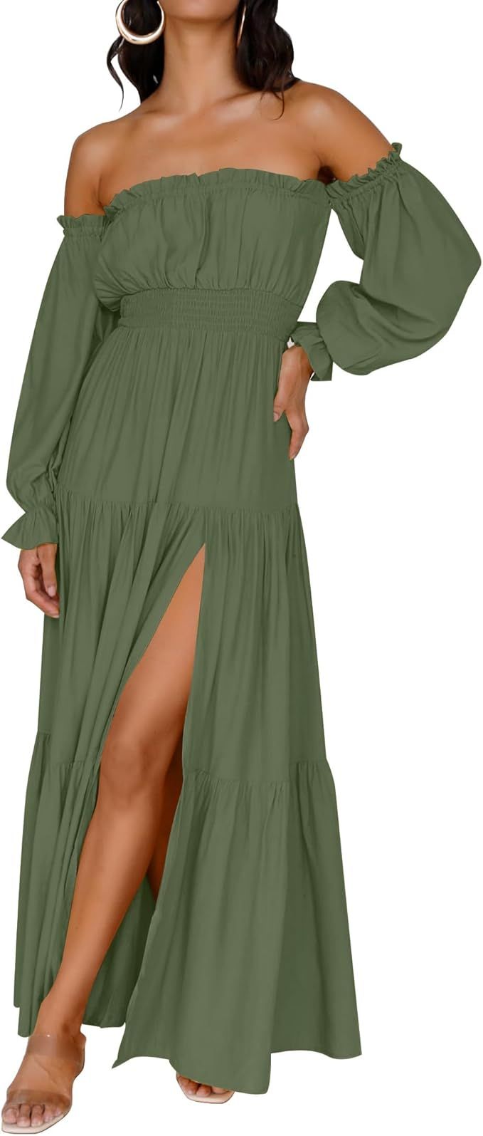 Olive green off-shoulder tiered maxi dress with long sleeves and thigh-high slit shown from multiple angles.
