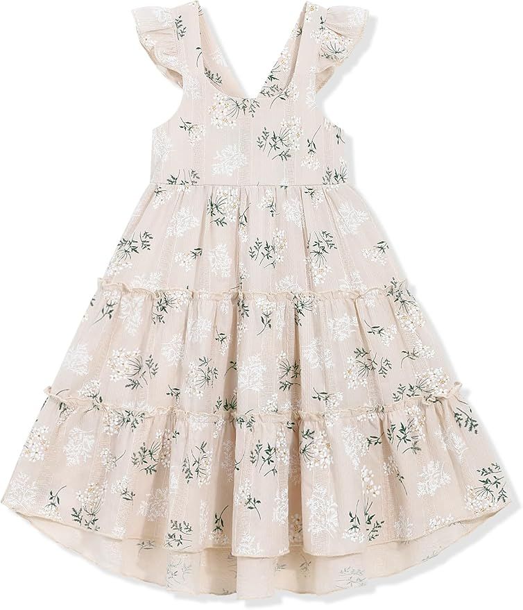 Four views of a sleeveless beige baby dress with delicate floral prints and tiered ruffles for an elegant summer look.