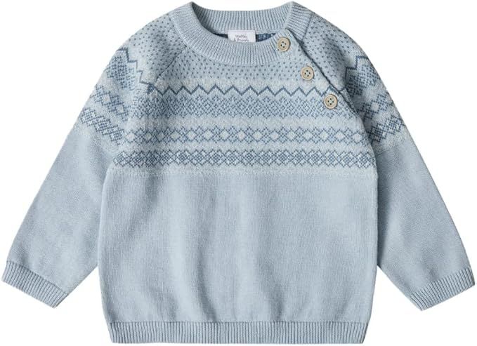 Light blue knit baby sweater with fair isle pattern yoke shown from multiple angles on white background.