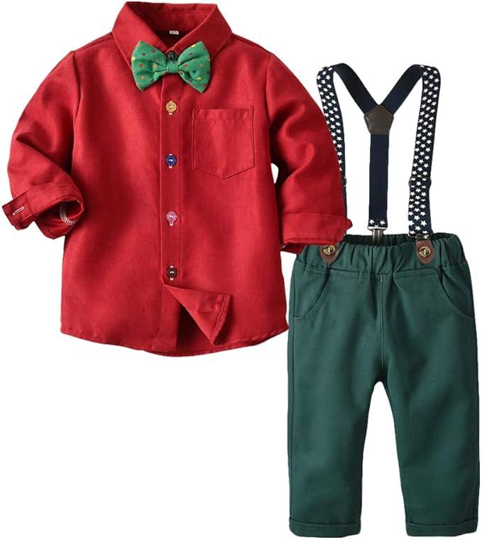 Red button-down shirt with green bow tie and dark green suspender pants outfit for holiday formal wear.
