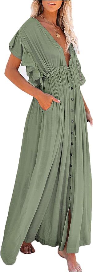 Sage green button-front midi dress with short flutter sleeves and empire waist shown from different angles.