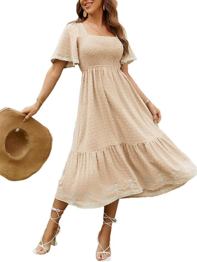 Flowy beige tiered babydoll dress with short sleeves shown from multiple angles with brown sun hat accessory.