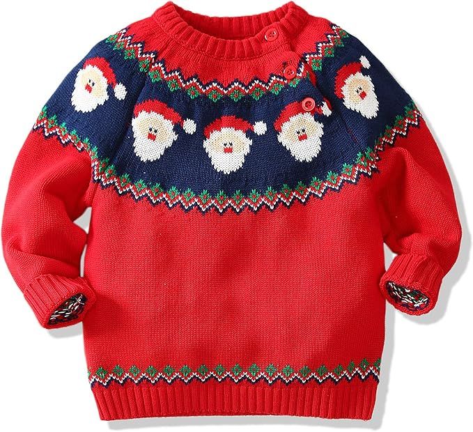 Red knit Christmas sweater with navy fair isle pattern featuring Santa Claus faces and zigzag designs.