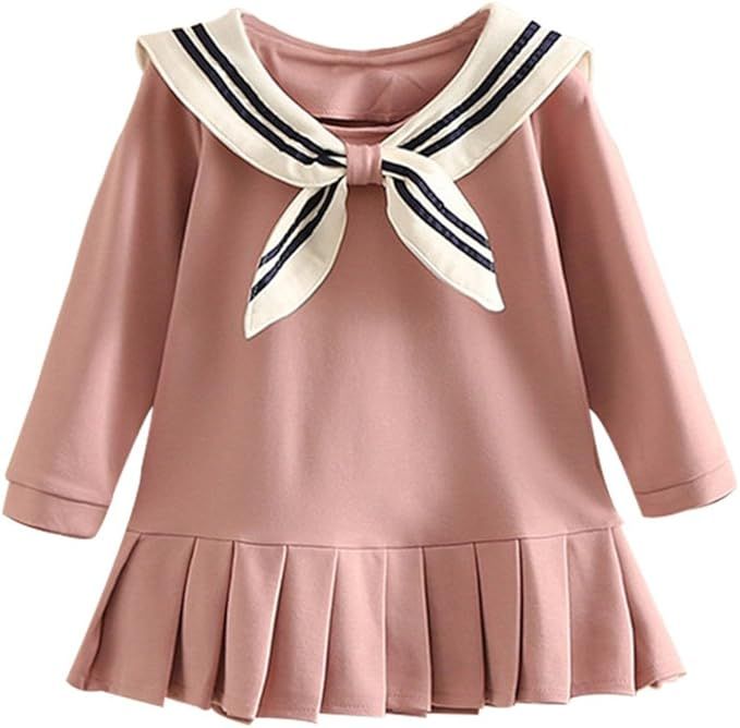Pink sailor dress with white collar and pleated bottom displayed from multiple angles.