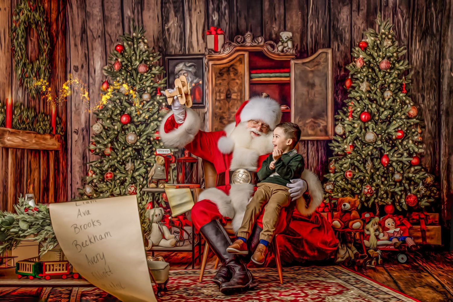 Charming Christmas setup with Santa in traditional red suit surrounded by decorated trees and presents.