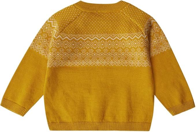 A mustard yellow knit sweater with geometric patterns shown from multiple angles on a white background.