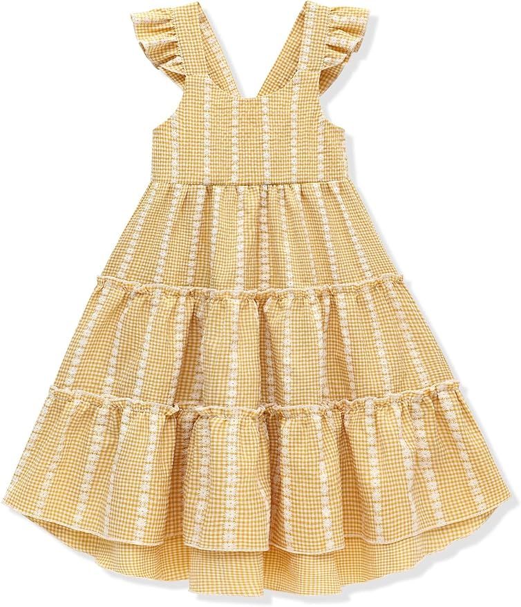 A sleeveless ruffle-tiered yellow gingham sundress for children displayed from three different angles.