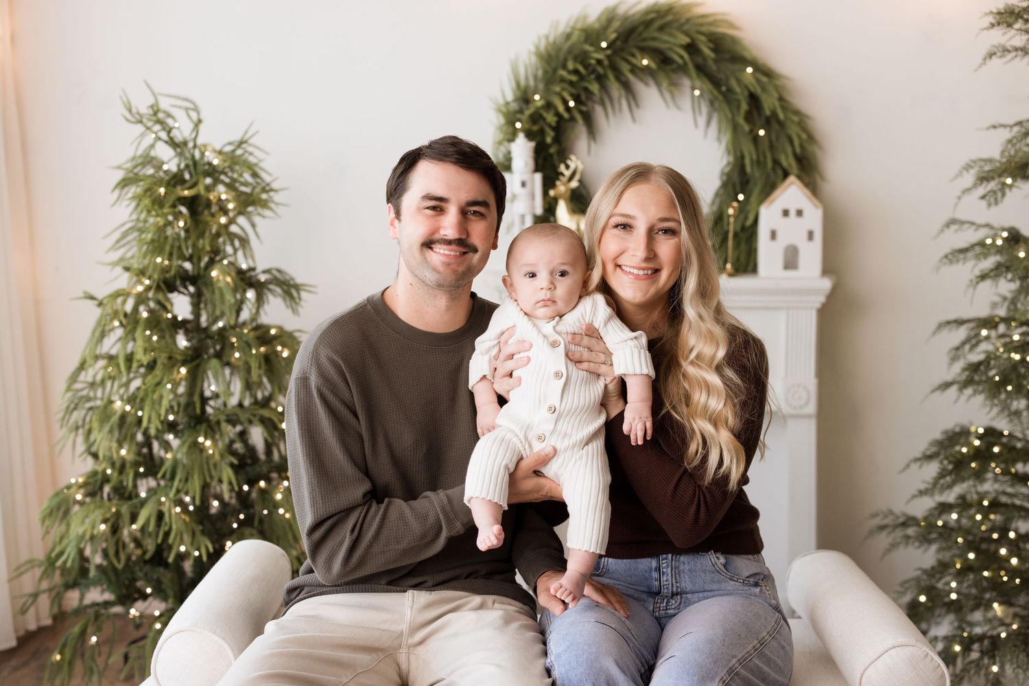 A series of family photos arranged in a collage showing joyful moments together in a bright indoor setting.