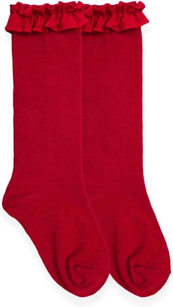 Red ruffle-trimmed knee-high socks with frilly lace detail displayed in a row against white background.