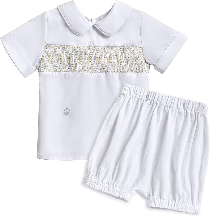 White baby clothing set with Peter Pan collar shirt and elastic waist shorts featuring smocked embroidery details.