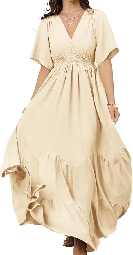 Flowy beige empire waist dress with short sleeves and midi length shown in multiple angles for product display.