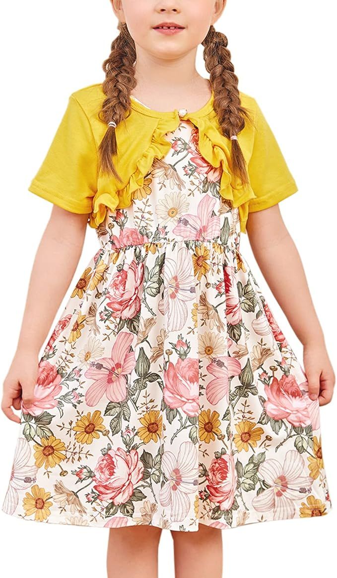 Floral print dress with yellow ruffle bolero top features elastic waistband and knee-length A-line skirt with pink flowers.
