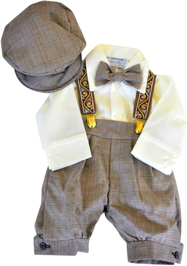 Stylish gray plaid baby boy outfit with suspenders, white shirt, bow tie and matching newsboy cap displayed in multiple angles.