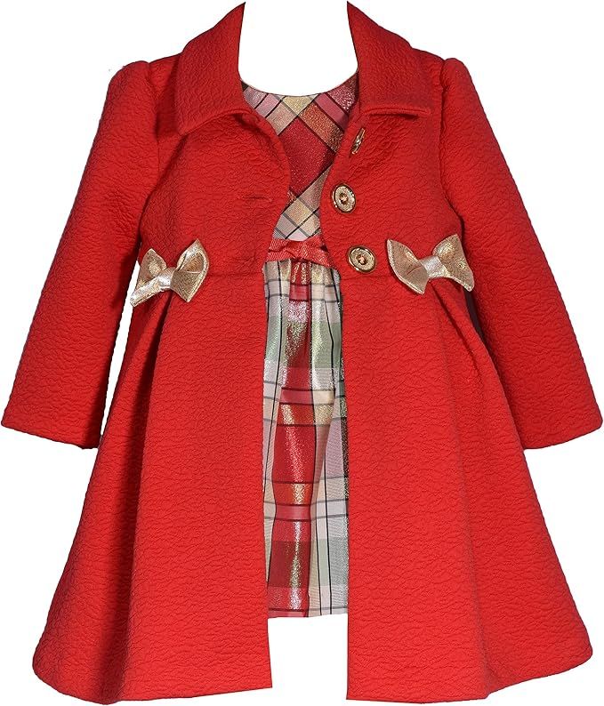 Red wool baby coat with plaid bow accent and peter pan collar shown from multiple angles.