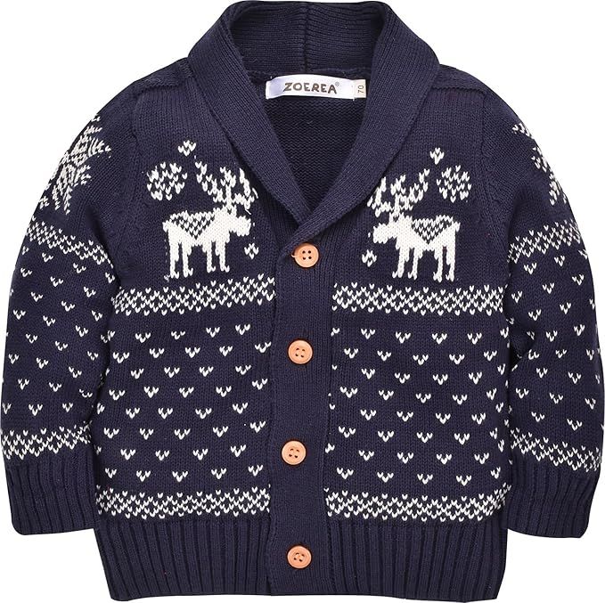 Navy blue knit cardigan sweater with white reindeer and Nordic pattern design featuring wooden button closures.