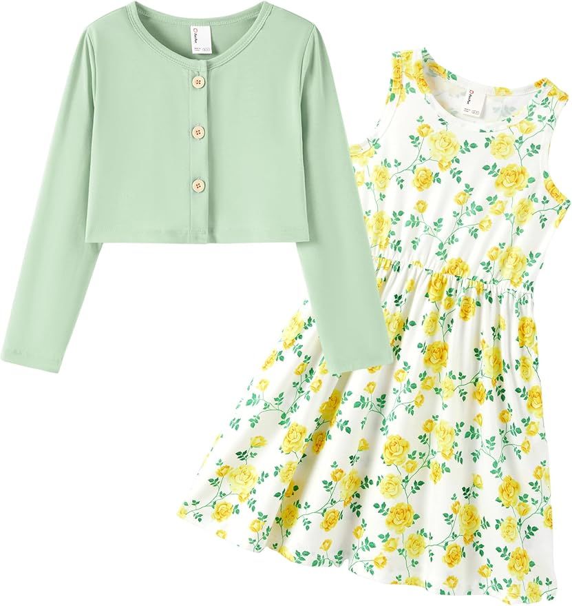 Mint green cardigan and floral dress set featuring delicate yellow flowers and a springtime design.