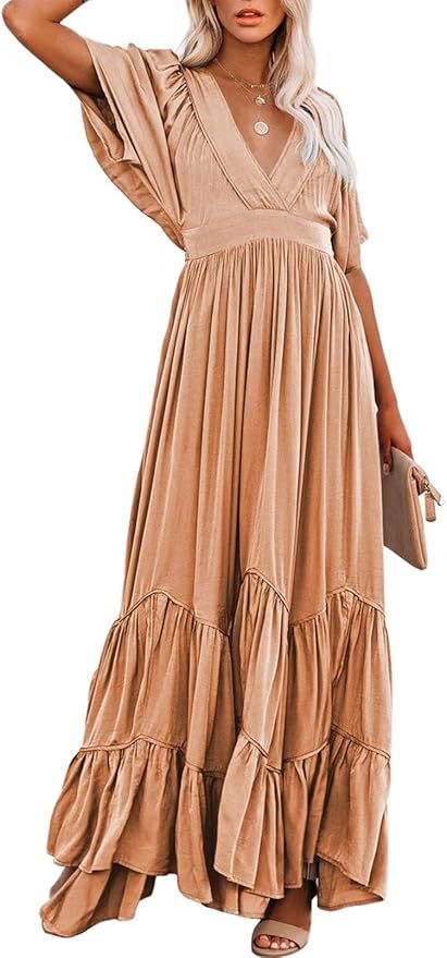 Camel colored velvet babydoll midi dress with ruffle tiers and flared sleeves shown from multiple angles.