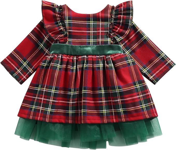 Red and green plaid Christmas dress with tulle skirt and matching bow detail displayed in multiple angles.