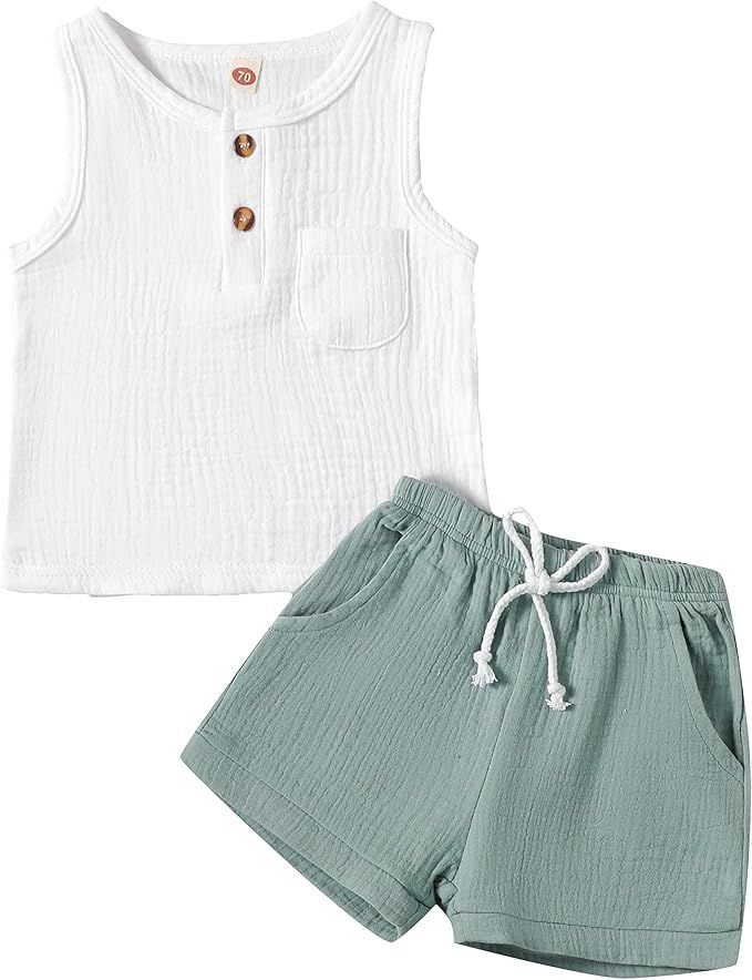 White cotton tank top and sage green linen shorts set for kids' summer casual wear.