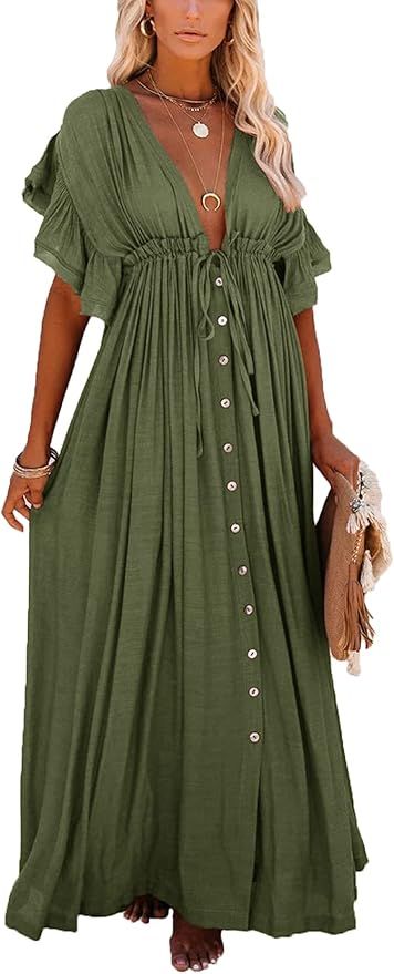 Olive green babydoll dress with button front, short ruffled sleeves and loose flowy silhouette shown in four views.