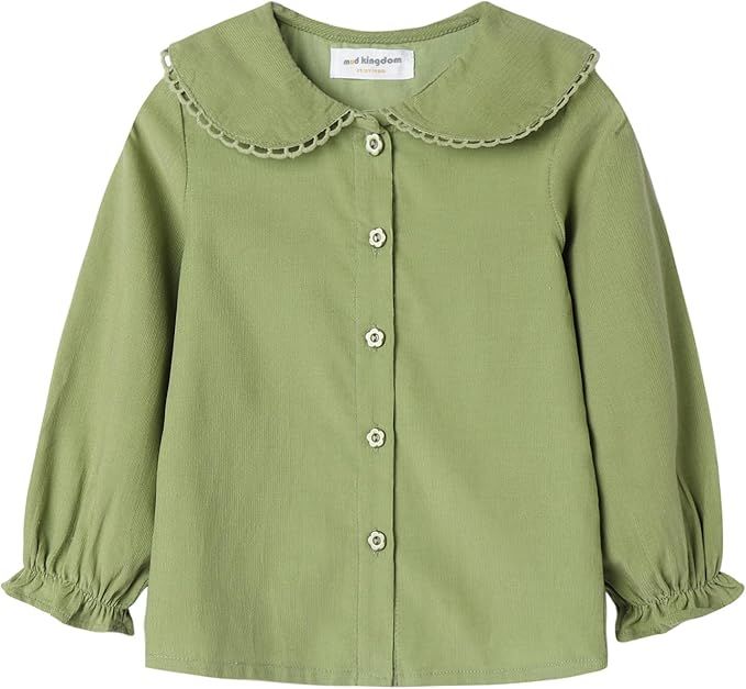 A sage green peter pan collar blouse with white trim and puffed sleeves features button front closure.