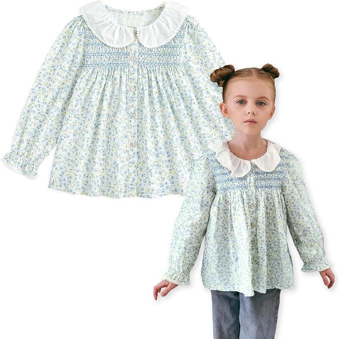 Floral pattern vintage-style children's clothing collection featuring smocked dresses and blouses with Peter Pan collars.